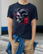 Dark Skull Horns T-Shirt - Gothic Devil Art Tee - model wearing navy tee with hands in pockets