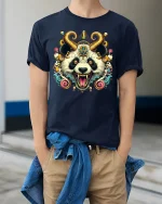 Demon Panda T-Shirt - Crazy Horned Beast Art Tee - model wearing navy tee with hands in pockets