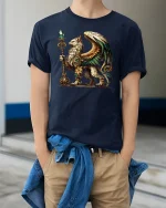 Golden Griffin T-Shirt - Mythic Guardian Art Tee - model wearing navy tee with hands in pockets