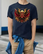 Inferno Demon T-Shirt - Fiery Horned Beast Art Tee - model wearing navy tee with hands in pockets