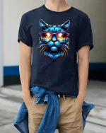 Sunset Cool Cat T-Shirt - Tropical Beach Vibe Tee - model wearing navy tee with hands in pockets