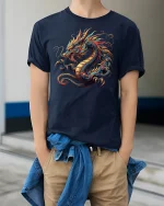 Firestorm Dragon T-Shirt - Mythic Oriental Art Tee - model wearing navy tee with hands in pockets
