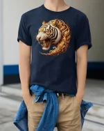Golden Tiger Fury T-Shirt - Majestic Wild Power Tee - model wearing navy tee with hands in pockets
