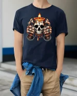 Skull Candle Hands T-Shirt - Gothic Witch Art Tee - model wearing navy tee with hands in pockets