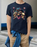 Wild West Skull T-Shirt - Cowboy Dice Art Tee - model wearing navy tee with hands in pockets