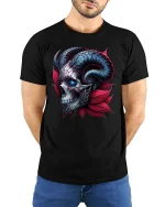 Dark Skull Horns T-Shirt - Gothic Devil Art Tee - model wearing black tee with hands behind back