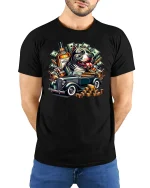 Gangsta Dog T-Shirt - Money Whiskey Car Art Tee - model wearing black tee with hands behind back