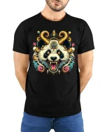 Demon Panda T-Shirt - Crazy Horned Beast Art Tee - model wearing black tee with hands behind back