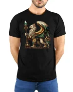 Golden Griffin T-Shirt - Mythic Guardian Art Tee - model wearing black tee with hands behind back