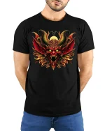 Inferno Demon T-Shirt - Fiery Horned Beast Art Tee - model wearing black tee with hands behind back
