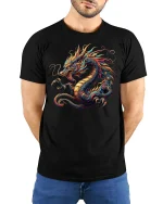 Firestorm Dragon T-Shirt - Mythic Oriental Art Tee - model wearing black tee with hands behind back