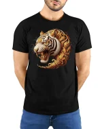 Golden Tiger Fury T-Shirt - Majestic Wild Power Tee - model wearing black tee with hands behind back