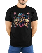 Wild West Skull T-Shirt - Cowboy Dice Art Tee - model wearing black tee with hands behind back