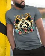Demon Panda T-Shirt - Crazy Horned Beast Art Tee - model wearing grey tee, leaning on column