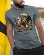 Golden Griffin T-Shirt - Mythic Guardian Art Tee - model wearing grey tee, leaning on column
