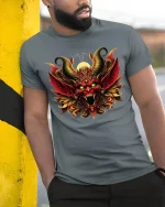 Inferno Demon T-Shirt - Fiery Horned Beast Art Tee - model wearing grey tee, leaning on column
