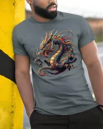 Firestorm Dragon T-Shirt - Mythic Oriental Art Tee - model wearing grey tee, leaning on column