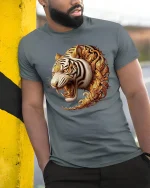 Golden Tiger Fury T-Shirt - Majestic Wild Power Tee - model wearing grey tee, leaning on column