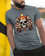 Skull Candle Hands T-Shirt - Gothic Witch Art Tee - model wearing grey tee, leaning on column