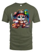 Musical Cat and Parrot T-Shirt - Cute Funny Art Tee - military green t-shirt on white background