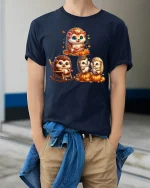 Adventure Mouse T-Shirt - Cute Explorer Cartoon Tee - model wearing navy tee with hands in pockets