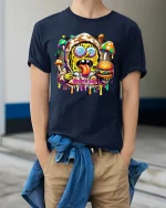 Skater Giraffe T-Shirt - Funny Cool Animal Style Tee - model wearing navy tee with hands in pockets