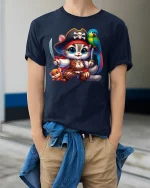 Musical Cat and Parrot T-Shirt - Cute Funny Art Tee - model wearing navy tee with hands in pockets