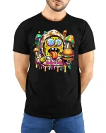 Skater Giraffe T-Shirt - Funny Cool Animal Style Tee - model wearing black tee with hands behind back