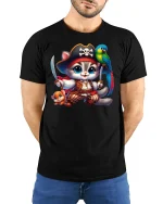 Musical Cat and Parrot T-Shirt - Cute Funny Art Tee - model wearing black tee with hands behind back