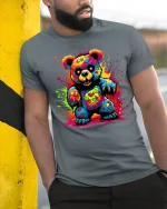 Lion Family T-Shirt - Majestic Safari Sunset Art Tee - model wearing grey tee, leaning on column