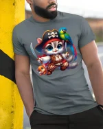 Musical Cat and Parrot T-Shirt - Cute Funny Art Tee - model wearing grey tee, leaning on column