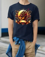 Fierce Dragon Warrior Graphic T-shirt - model wearing navy tee with hands in pockets