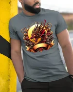 Fierce Dragon Warrior Graphic T-shirt - model wearing grey tee, leaning on column