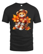 Cute Autumn Teddy Bear Cozy Fall Leaves T-Shirt - black t-shirt on white background