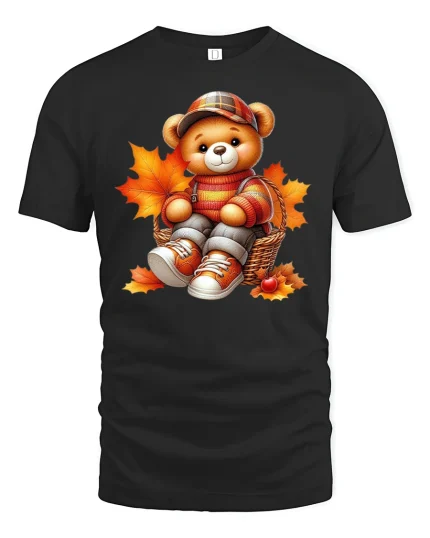Cute Autumn Teddy Bear Cozy Fall Leaves T-Shirt - black t-shirt on white background