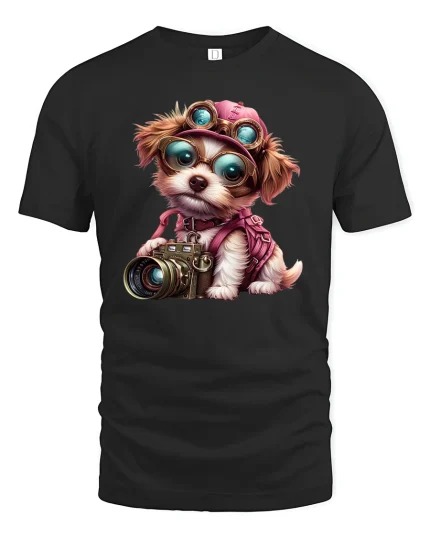 Cute Photographer Dog Funny Camera Lover T-Shirt - black t-shirt on white background