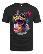 Crazy Screaming Monster Funny Cartoon Art T-Shirt - black t-shirt on white background