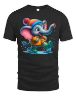 Cute Baby Elephant Splashing Rain Fun T-Shirt - black t-shirt on white background