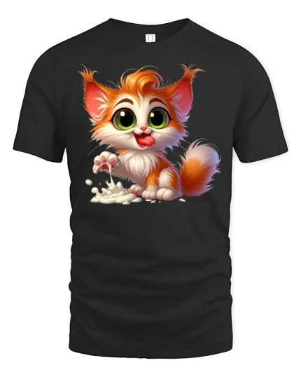 Cute Kitten Drinking Milk Funny Cartoon T-Shirt - black t-shirt on white background