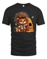 Cute Honey Bear With Beehive Funny Cartoon T-Shirt - black t-shirt on white background