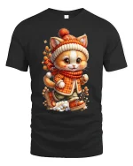 Cute Winter Cat With Scarf Cozy Cartoon T-Shirt - black t-shirt on white background