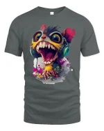 Crazy Screaming Monster Funny Cartoon Art T-Shirt - gray t-shirt on white background