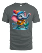 Cute Baby Elephant Splashing Rain Fun T-Shirt - gray t-shirt on white background