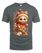 Cute Winter Cat With Scarf Cozy Cartoon T-Shirt - gray t-shirt on white background