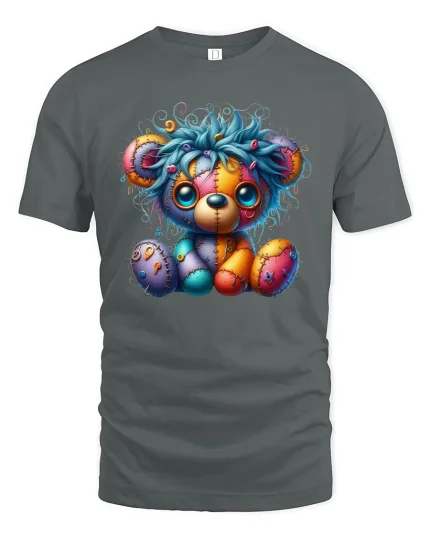 Cute Patchwork Teddy Bear Colorful Art T-Shirt - gray t-shirt on white background