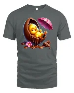 Cute Chick In Chocolate Egg Funny Easter T-Shirt - gray t-shirt on white background