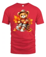 Cute Autumn Teddy Bear Cozy Fall Leaves T-Shirt - red t-shirt on white background