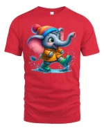 Cute Baby Elephant Splashing Rain Fun T-Shirt - red t-shirt on white background