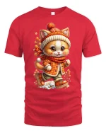 Cute Winter Cat With Scarf Cozy Cartoon T-Shirt - red t-shirt on white background