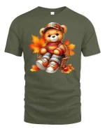 Cute Autumn Teddy Bear Cozy Fall Leaves T-Shirt - military green t-shirt on white background
